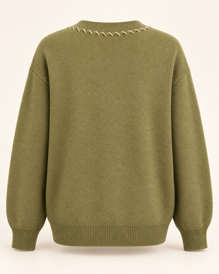Olive floral button-front cardigan with cream contrast stitching