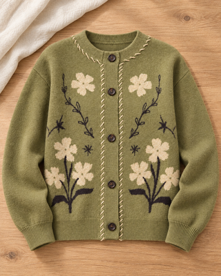 Olive floral button-front cardigan with cream contrast stitching