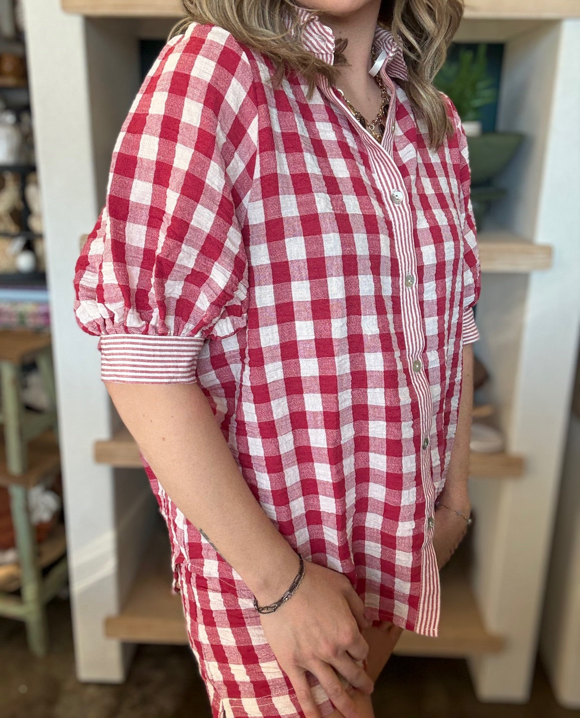 red gingham puff sleeve button down boutique top for women