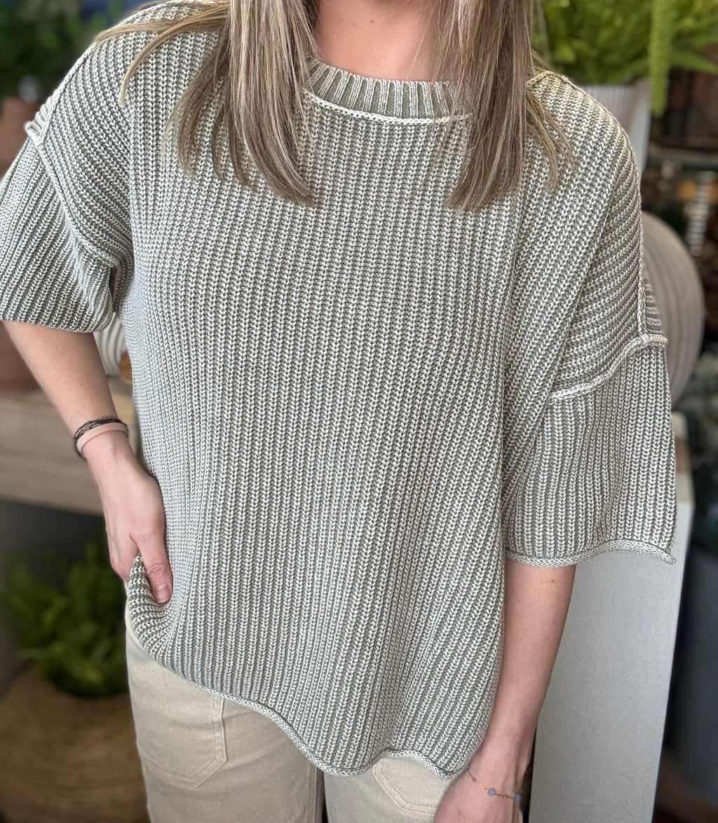 Sage ribbed knit short sleeve boutique top styled with neutral pants at Pill Box Boutique